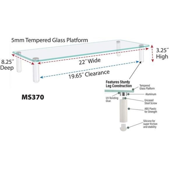 Kantek Glass Monitor Riser, 22" X 8.25" X 3.25", Clear, Supports 40 Lbs - Picture 3 of 6